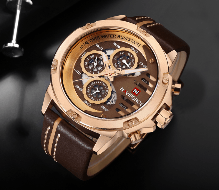 Men's Sports Waterproof Watch With Chronometers And Leather Belt Multifunction Wristwatch Unique Design Perfect Gift