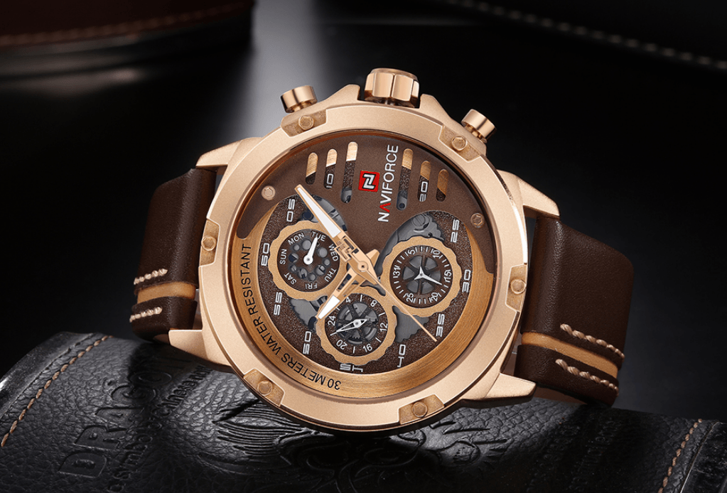 Men's Sports Waterproof Watch With Chronometers And Leather Belt Multifunction Wristwatch Unique Design Perfect Gift