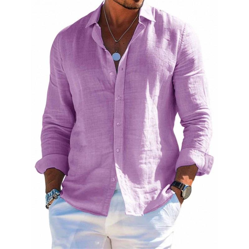 Men's Long Sleeve Shirt Casual Loose Lapel Button Top Solid Color Plus Size Blouse Clothing