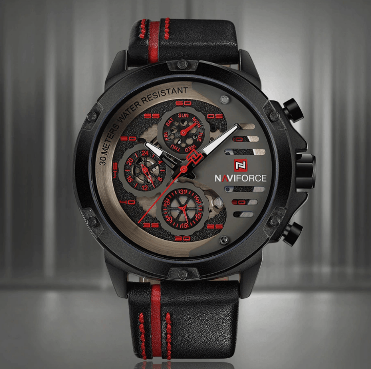 Men's Sports Waterproof Watch With Chronometers And Leather Belt Multifunction Wristwatch Unique Design Perfect Gift