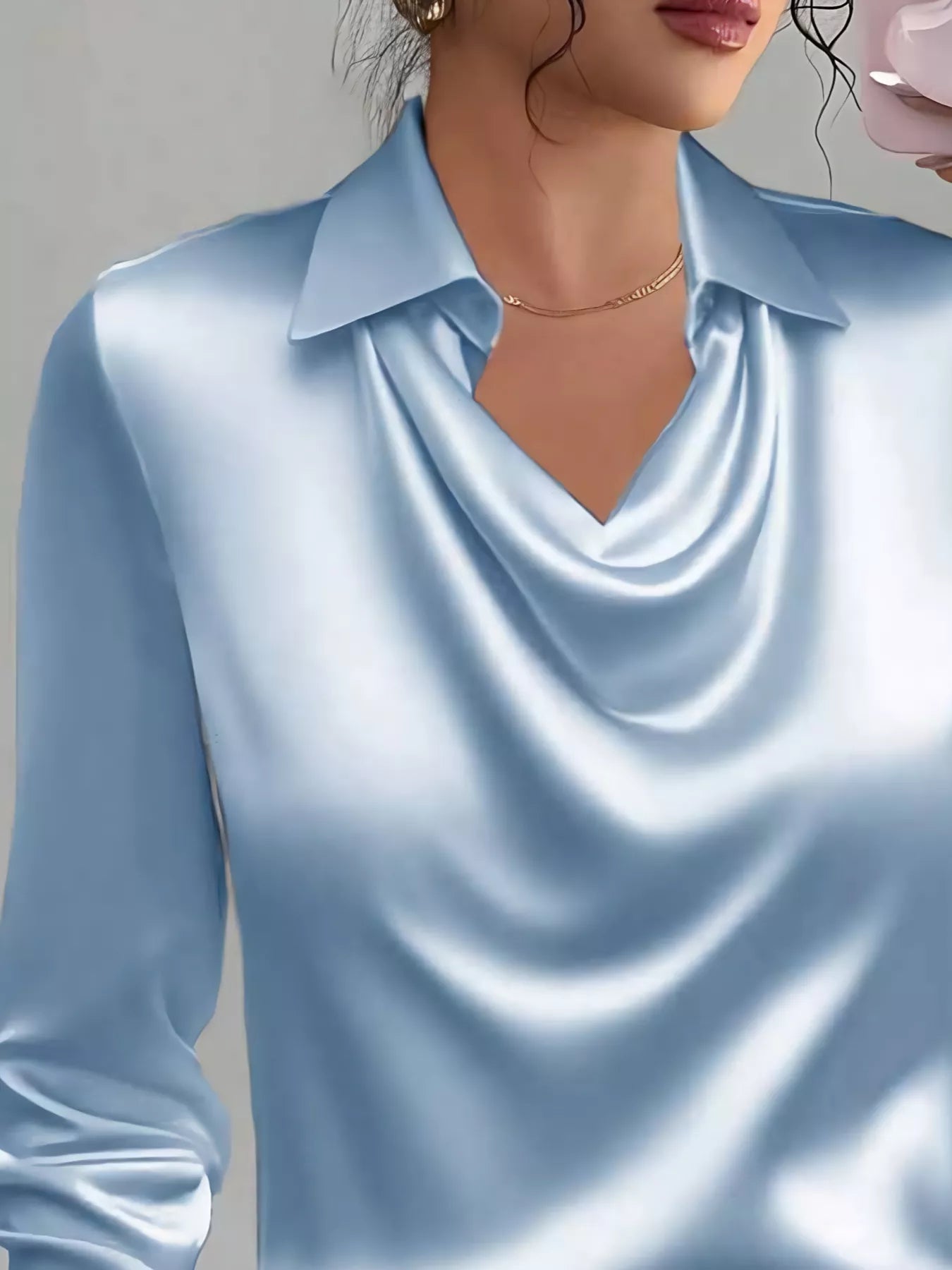 Satin Collared Neck Long Sleeve Blouse See size chart under “more details”