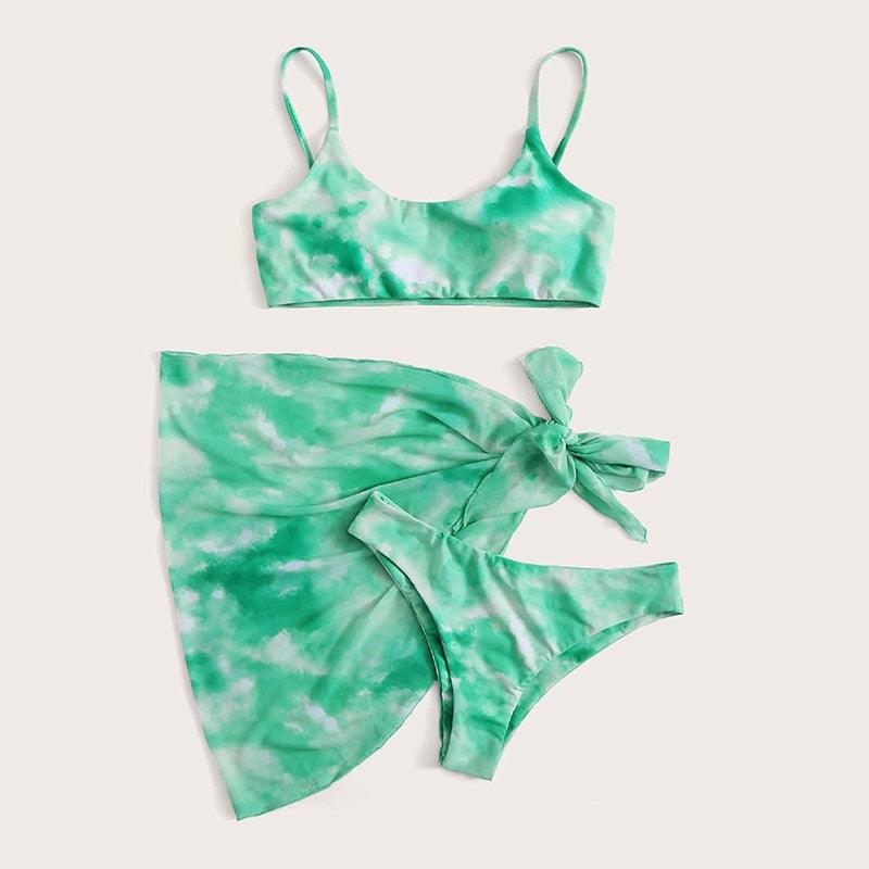 3 Piece Women Bikini Modern Swimsuit Women High Cut Suit Halter Swimwear Women's Bikini Swimsuits With Wrap Skirt Lace Up Pieces Strings High Cut Bikini Set Bathing Suits Female Triangle Backless Bathing Suit