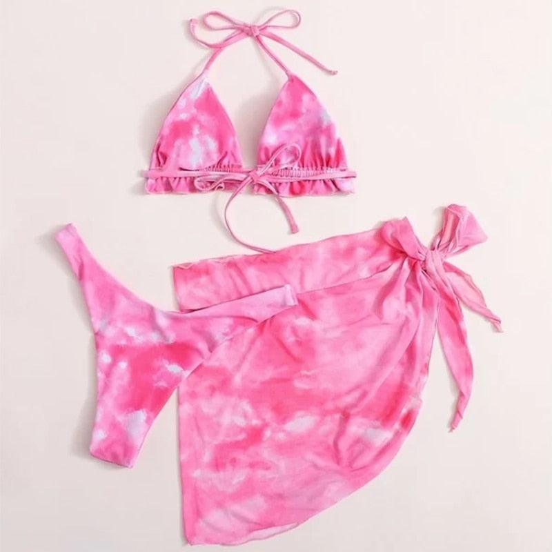 3 Piece Women Bikini Modern Swimsuit Women High Cut Suit Halter Swimwear Women's Bikini Swimsuits With Wrap Skirt Lace Up Pieces Strings High Cut Bikini Set Bathing Suits Female Triangle Backless Bathing Suit