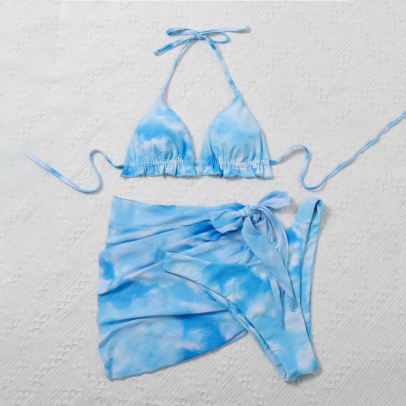 3 Piece Women Bikini Modern Swimsuit Women High Cut Suit Halter Swimwear Women's Bikini Swimsuits With Wrap Skirt Lace Up Pieces Strings High Cut Bikini Set Bathing Suits Female Triangle Backless Bathing Suit