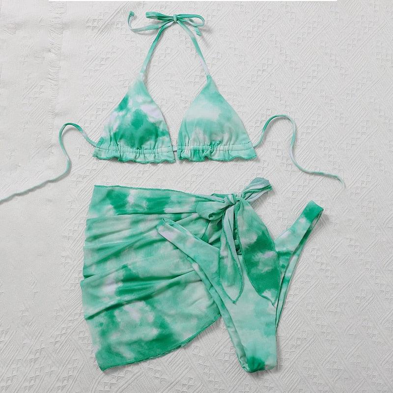 3 Piece Women Bikini Modern Swimsuit Women High Cut Suit Halter Swimwear Women's Bikini Swimsuits With Wrap Skirt Lace Up Pieces Strings High Cut Bikini Set Bathing Suits Female Triangle Backless Bathing Suit