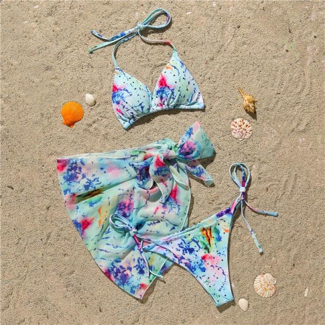 3 Piece Women Bikini Modern Swimsuit Women High Cut Suit Halter Swimwear Women's Bikini Swimsuits With Wrap Skirt Lace Up Pieces Strings High Cut Bikini Set Bathing Suits Female Triangle Backless Bathing Suit