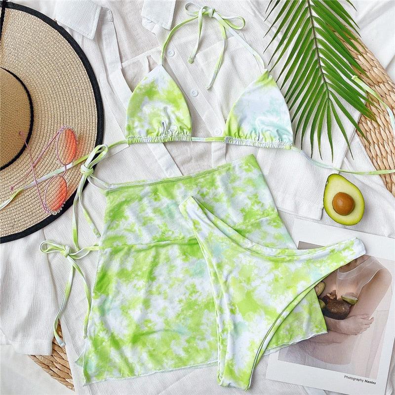 3 Piece Women Bikini Modern Swimsuit Women High Cut Suit Halter Swimwear Women's Bikini Swimsuits With Wrap Skirt Lace Up Pieces Strings High Cut Bikini Set Bathing Suits Female Triangle Backless Bathing Suit