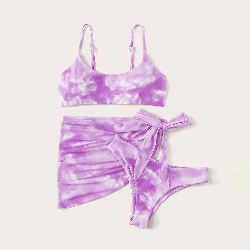 3 Piece Women Bikini Modern Swimsuit Women High Cut Suit Halter Swimwear Women's Bikini Swimsuits With Wrap Skirt Lace Up Pieces Strings High Cut Bikini Set Bathing Suits Female Triangle Backless Bathing Suit
