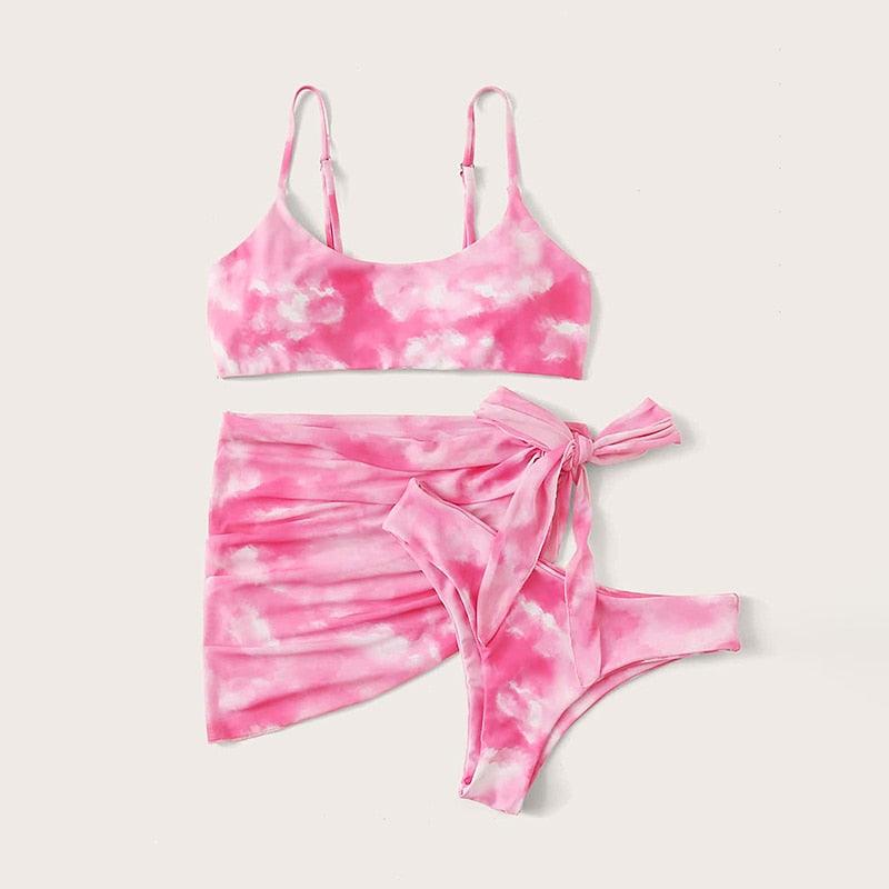 3 Piece Women Bikini Modern Swimsuit Women High Cut Suit Halter Swimwear Women's Bikini Swimsuits With Wrap Skirt Lace Up Pieces Strings High Cut Bikini Set Bathing Suits Female Triangle Backless Bathing Suit