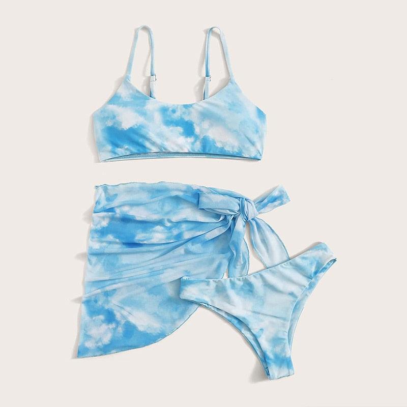 3 Piece Women Bikini Modern Swimsuit Women High Cut Suit Halter Swimwear Women's Bikini Swimsuits With Wrap Skirt Lace Up Pieces Strings High Cut Bikini Set Bathing Suits Female Triangle Backless Bathing Suit