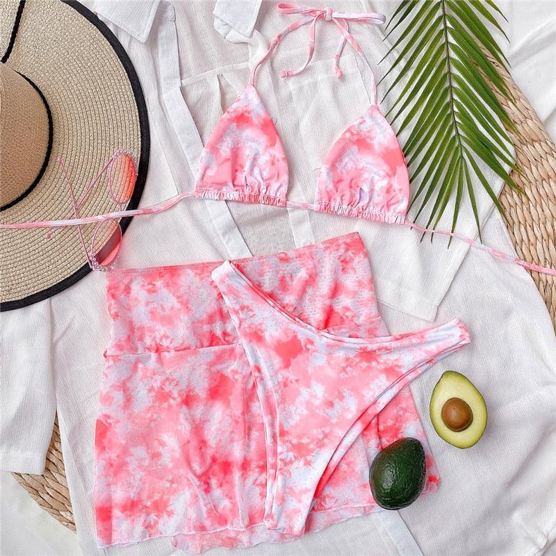3 Piece Women Bikini Modern Swimsuit Women High Cut Suit Halter Swimwear Women's Bikini Swimsuits With Wrap Skirt Lace Up Pieces Strings High Cut Bikini Set Bathing Suits Female Triangle Backless Bathing Suit