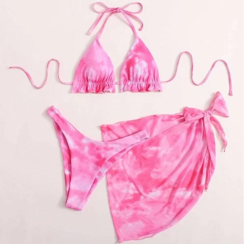 3 Piece Women Bikini Modern Swimsuit Women High Cut Suit Halter Swimwear Women's Bikini Swimsuits With Wrap Skirt Lace Up Pieces Strings High Cut Bikini Set Bathing Suits Female Triangle Backless Bathing Suit
