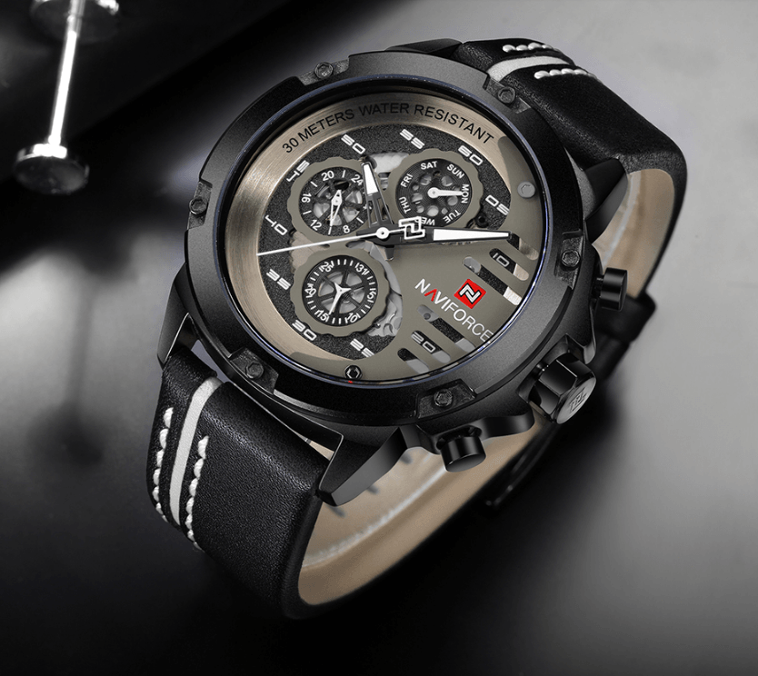 Men's Sports Waterproof Watch With Chronometers And Leather Belt Multifunction Wristwatch Unique Design Perfect Gift