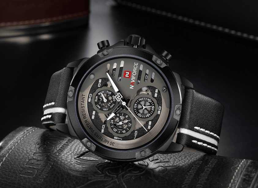 Men's Sports Waterproof Watch With Chronometers And Leather Belt Multifunction Wristwatch Unique Design Perfect Gift