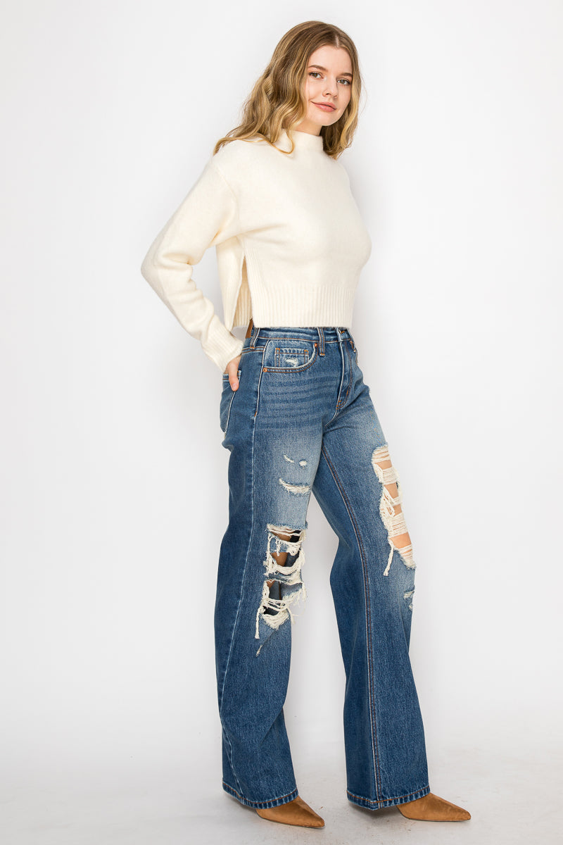 Hybrid Stretch Ripped Relaced Flare Jeans