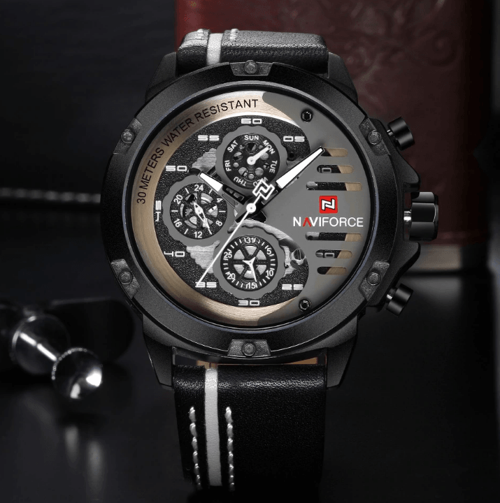 Men's Sports Waterproof Watch With Chronometers And Leather Belt Multifunction Wristwatch Unique Design Perfect Gift