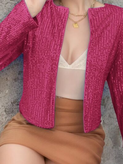Elegant Women Full-Size Sequin Open Front Cropped Jacket With Glamorous Sparkle Luxury Women Party Jacket