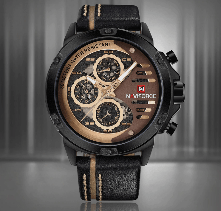 Men's Sports Waterproof Watch With Chronometers And Leather Belt Multifunction Wristwatch Unique Design Perfect Gift