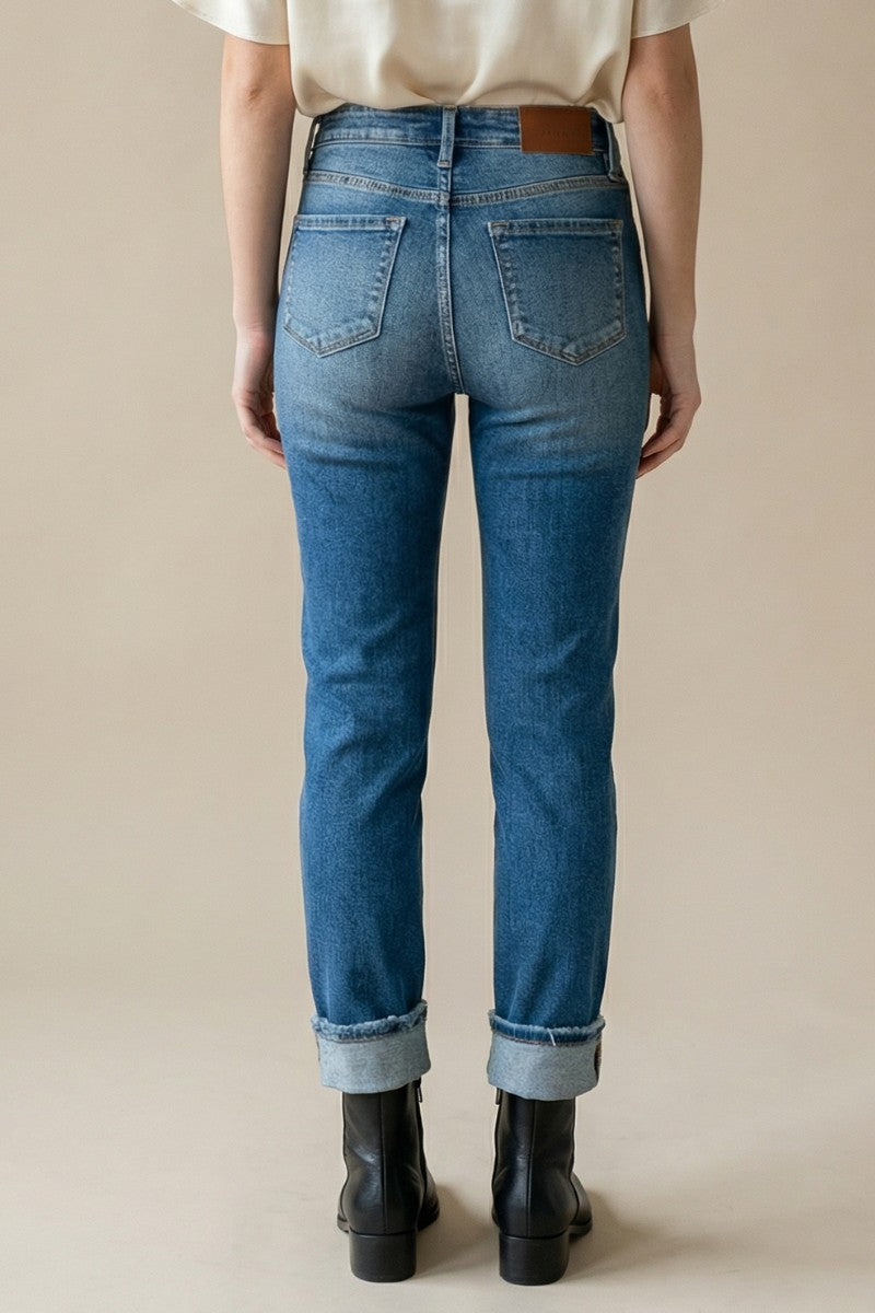 Mesh Tummy Control High Rise Straight w/ Single Cuff Jeans