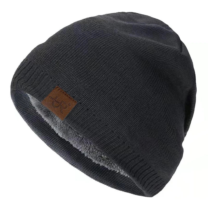 Unisex Solid Color Knitted Hats For Men & Women Beanie Cap Fur Warm Lining