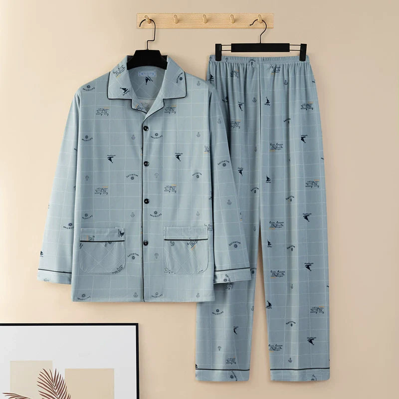 Men's Pajamas Sleepwear Long Sleeves Pants Two-piece Set Pure Cotton
