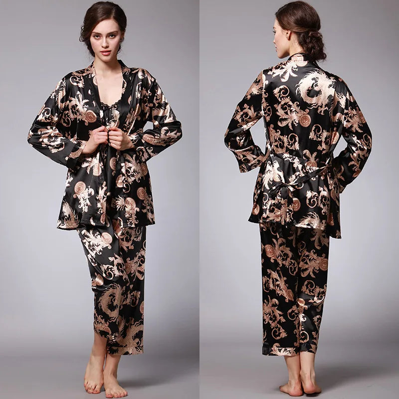 Women's Silk Satin Pajamas Set 3 Pcs Floral Silky Sets Sleepwear