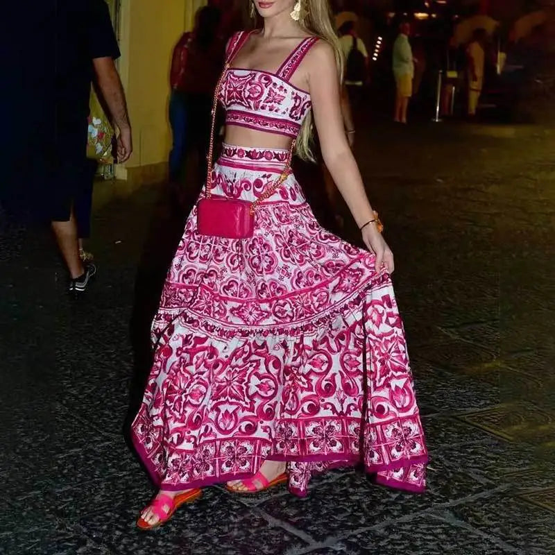 Summer Beach Print Two-piece Set Strapless Crop Top and Long Skirt Maxi