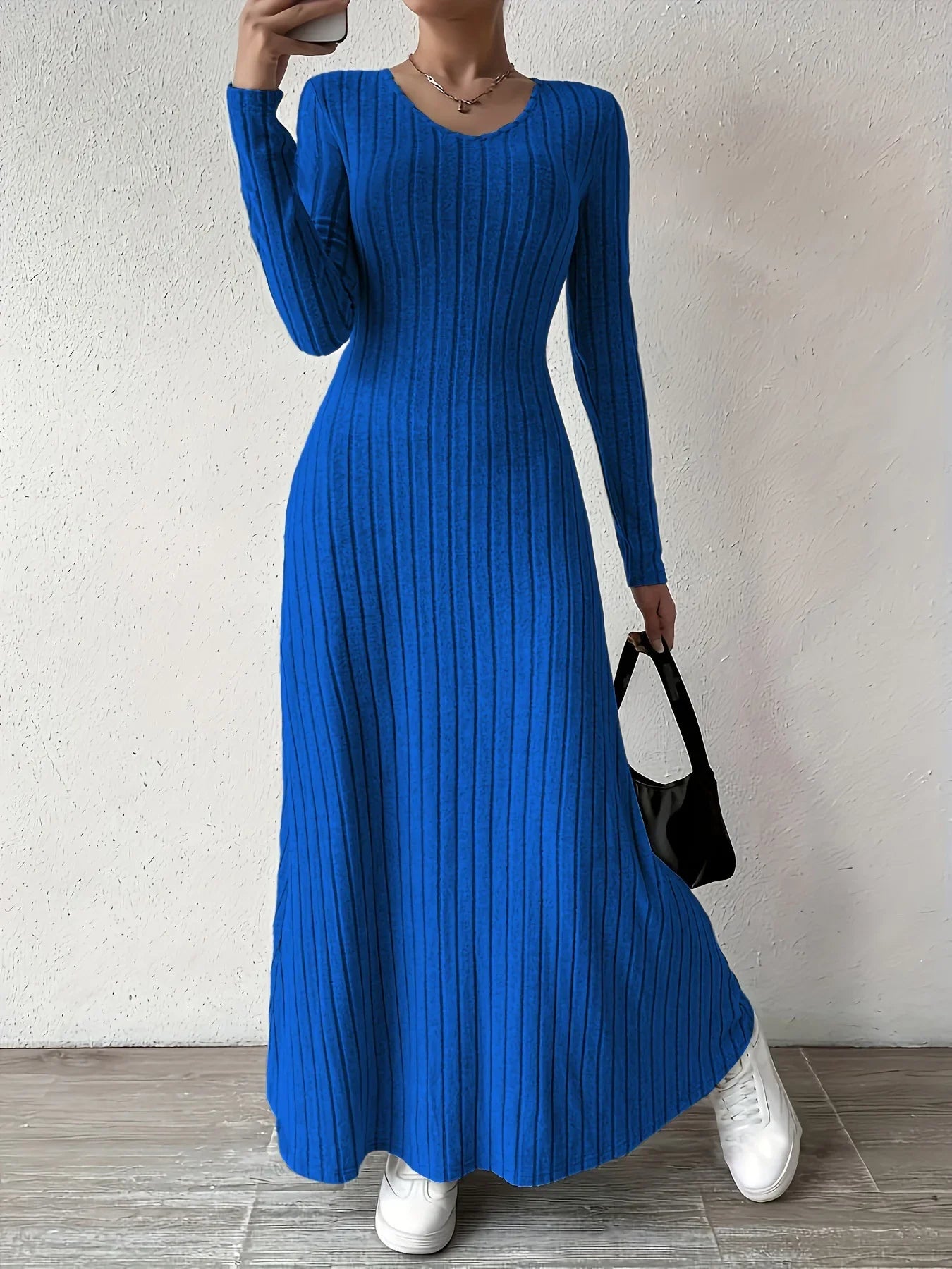 Women Knitted Elegant Winter Maxi Dress O Neck Long Sleeves