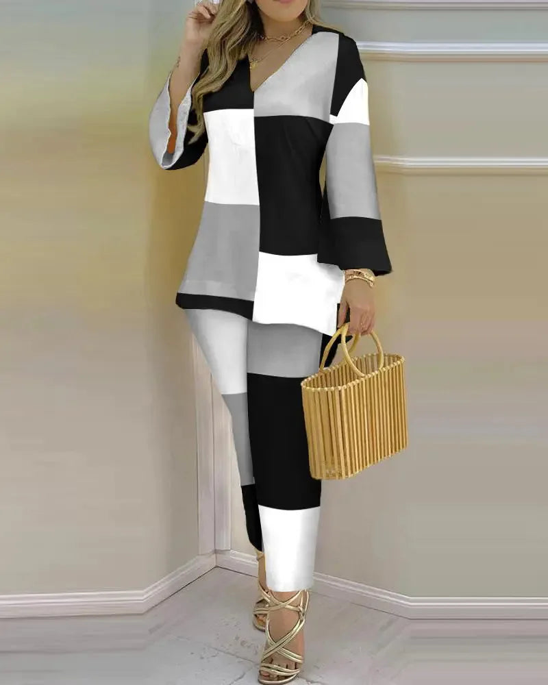 Long Sleeve V-neck Polyester Printing Two Pieces Sets