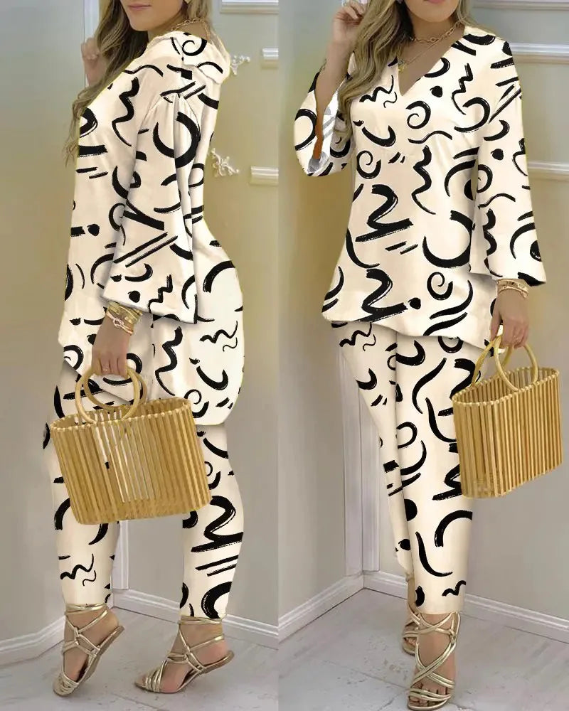 Long Sleeve V-neck Polyester Printing Two Pieces Sets