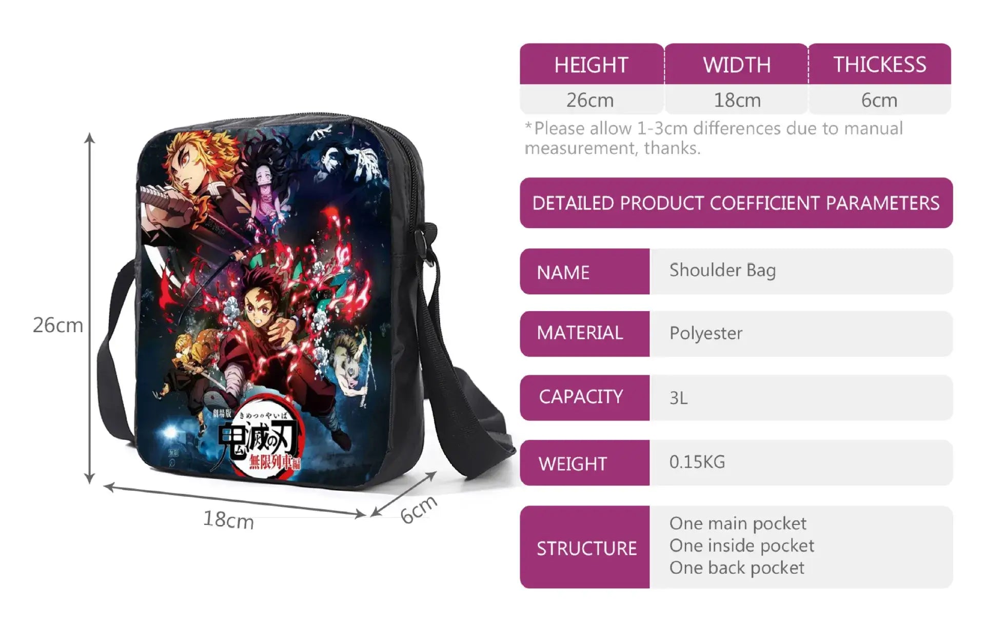 Demon Slayer Backpack: Nezuko 3-Piece Schoolbag Set