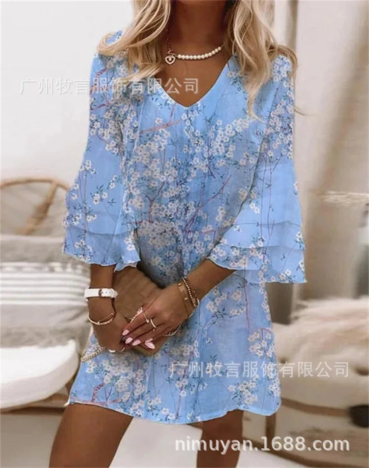 Mini Elegant Flared Loose Waist With Butterfly Sleeve Dress