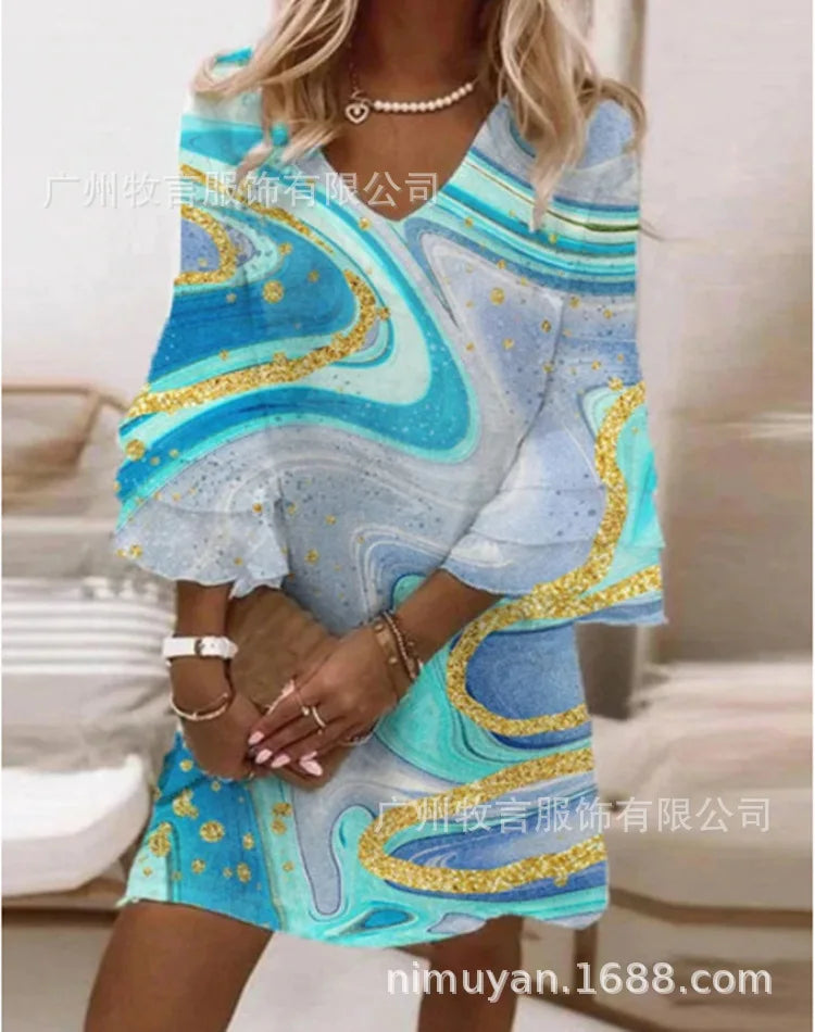 Mini Elegant Flared Loose Waist With Butterfly Sleeve Dress