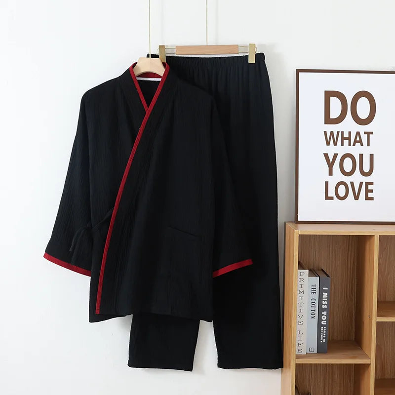 Pure Cotton crape Kimono Pajamas Men Sleepwear Autumn Long Sleeve Home Wear