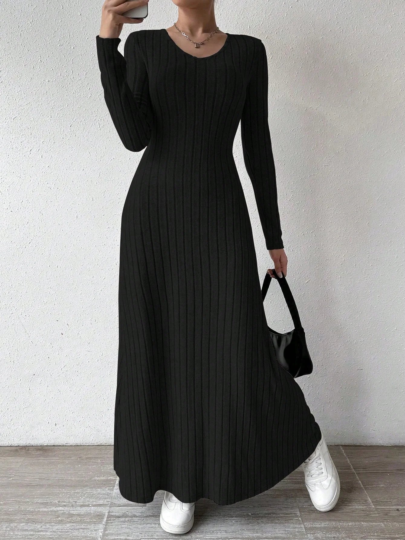 Women Knitted Elegant Winter Maxi Dress O Neck Long Sleeves