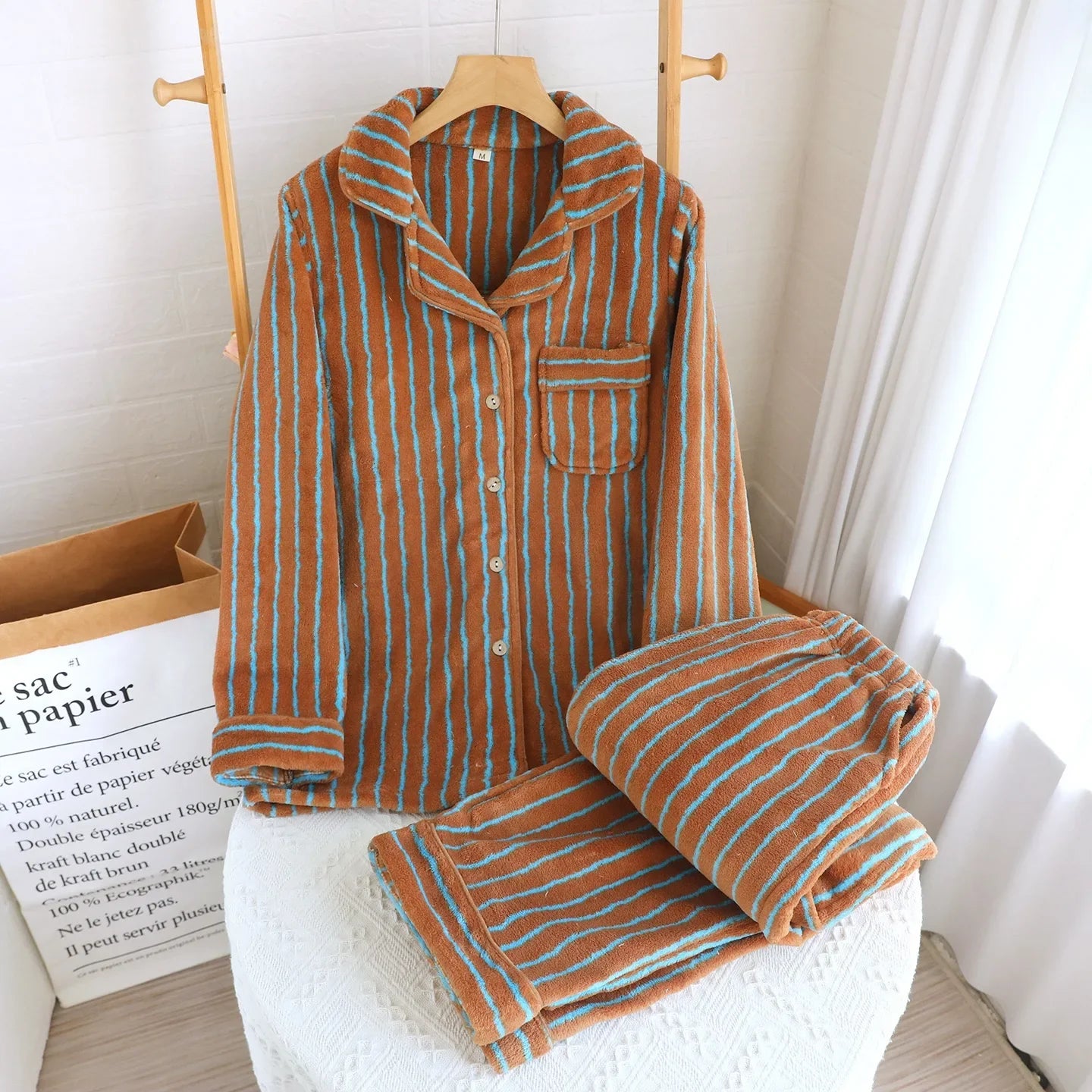 Unisex Winter Plush Couple Flannel Pajamas 2 Piece Set Warm and Soft Home Nightwear Clothes
