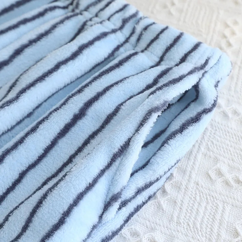 Unisex Winter Plush Couple Flannel Pajamas 2 Piece Set Warm and Soft Home Nightwear Clothes