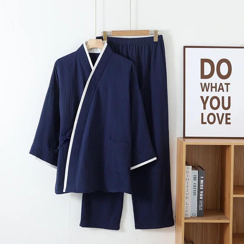 Pure Cotton crape Kimono Pajamas Men Sleepwear Autumn Long Sleeve Home Wear