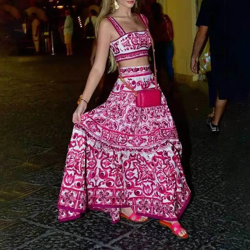 Summer Beach Print Two-piece Set Strapless Crop Top and Long Skirt Maxi
