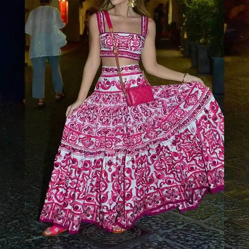 Summer Beach Print Two-piece Set Strapless Crop Top and Long Skirt Maxi