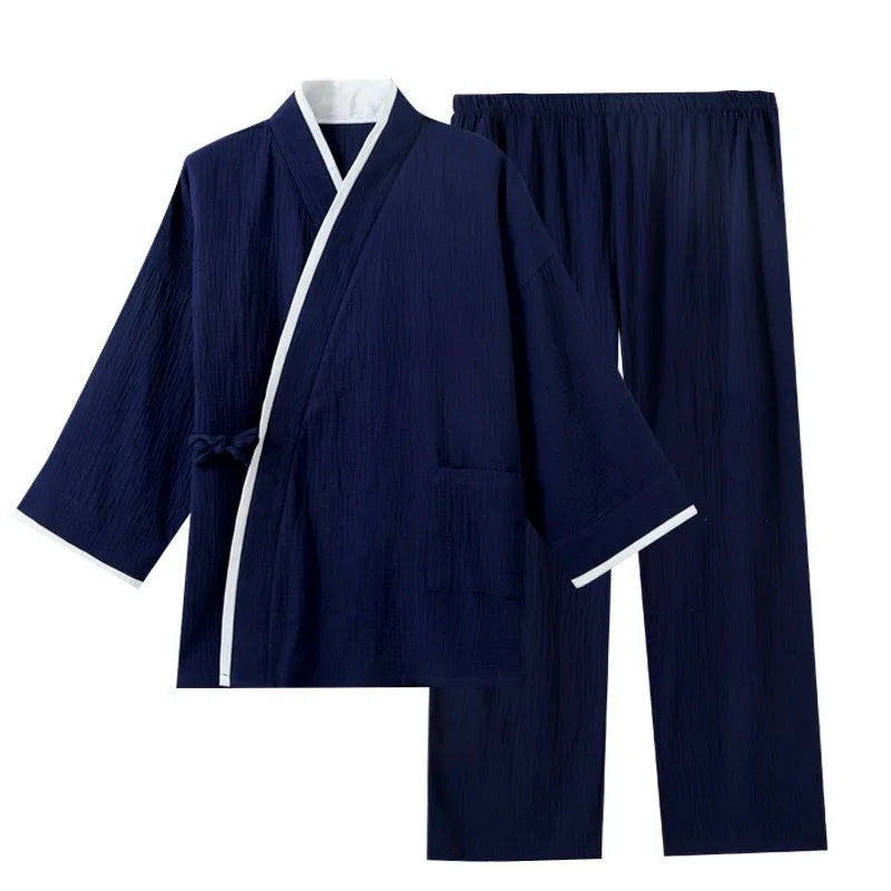Pure Cotton crape Kimono Pajamas Men Sleepwear Autumn Long Sleeve Home Wear