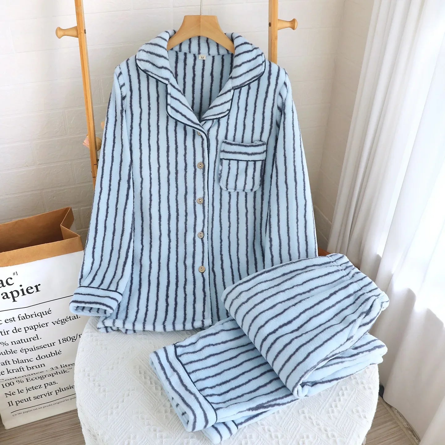 Unisex Winter Plush Couple Flannel Pajamas 2 Piece Set Warm and Soft Home Nightwear Clothes