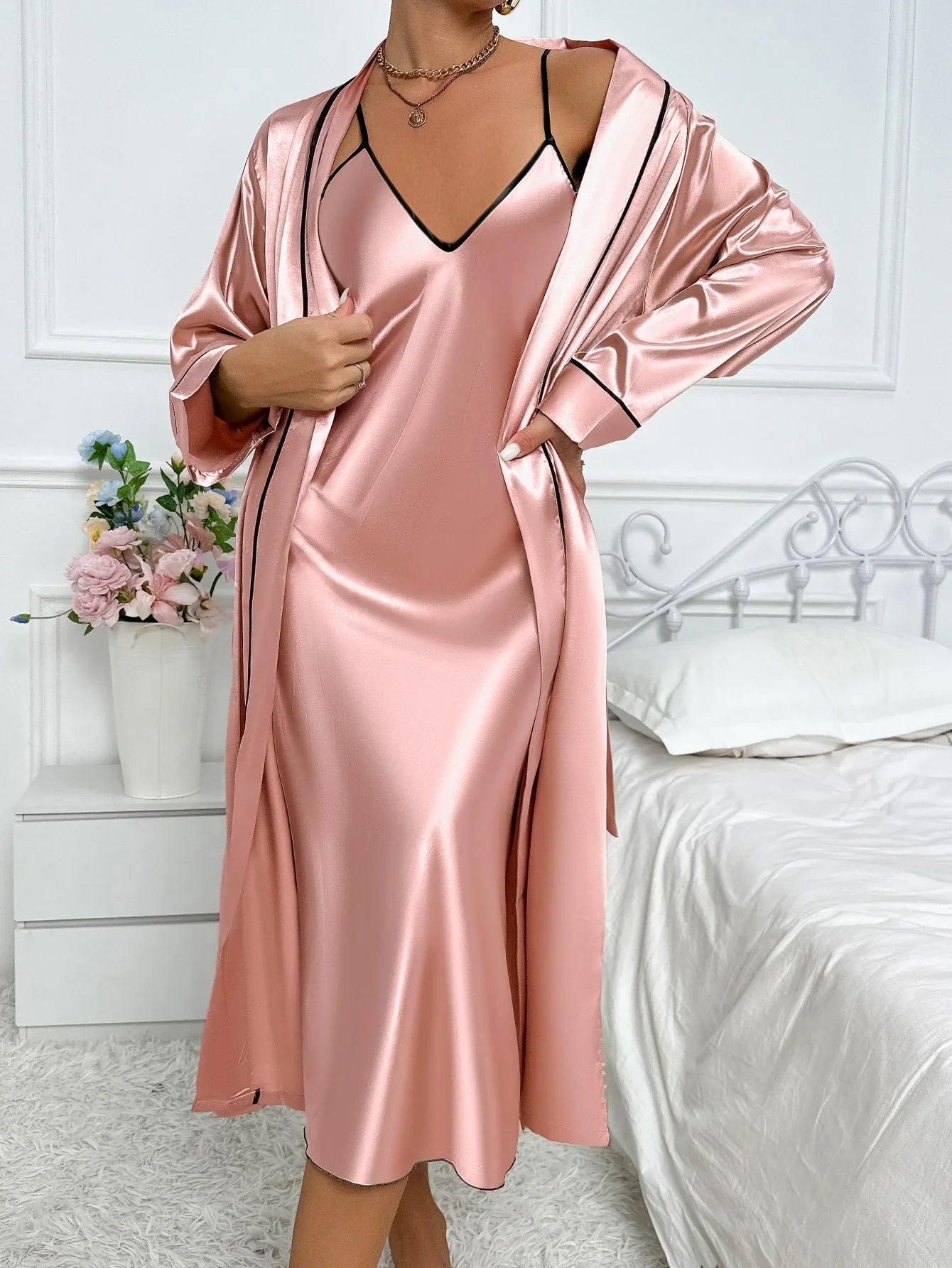 Women's Luxury Silk Pajamas Set Long Sleeve Robe Comfortable Two Piece Set