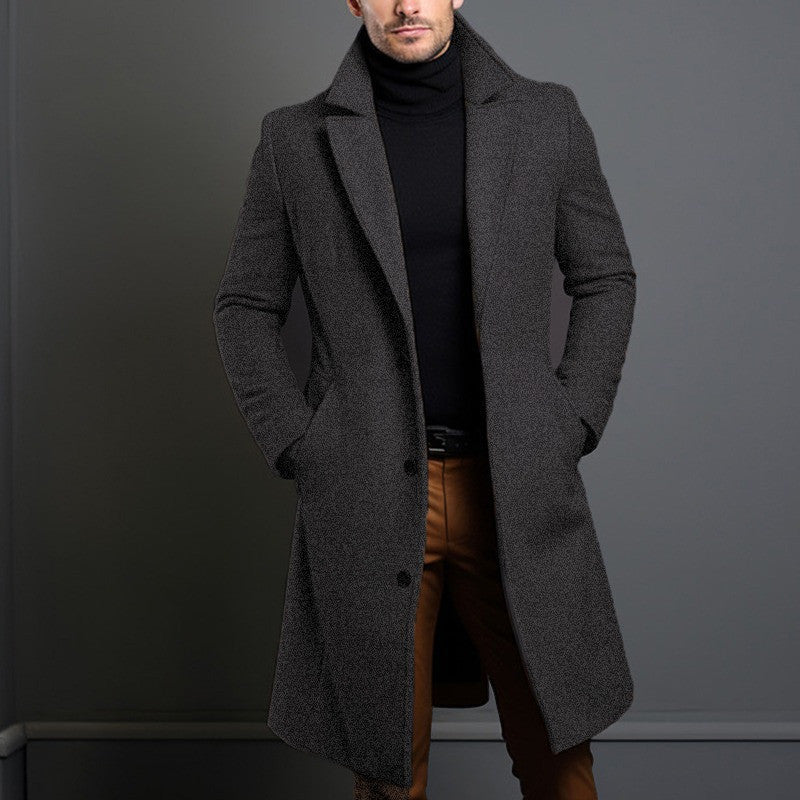 Men's Mid-length Trench Coat Fall Winter Slim Pockets Single-breasted Collar Jacket Casual Business Comfortable Overcoat Clothing