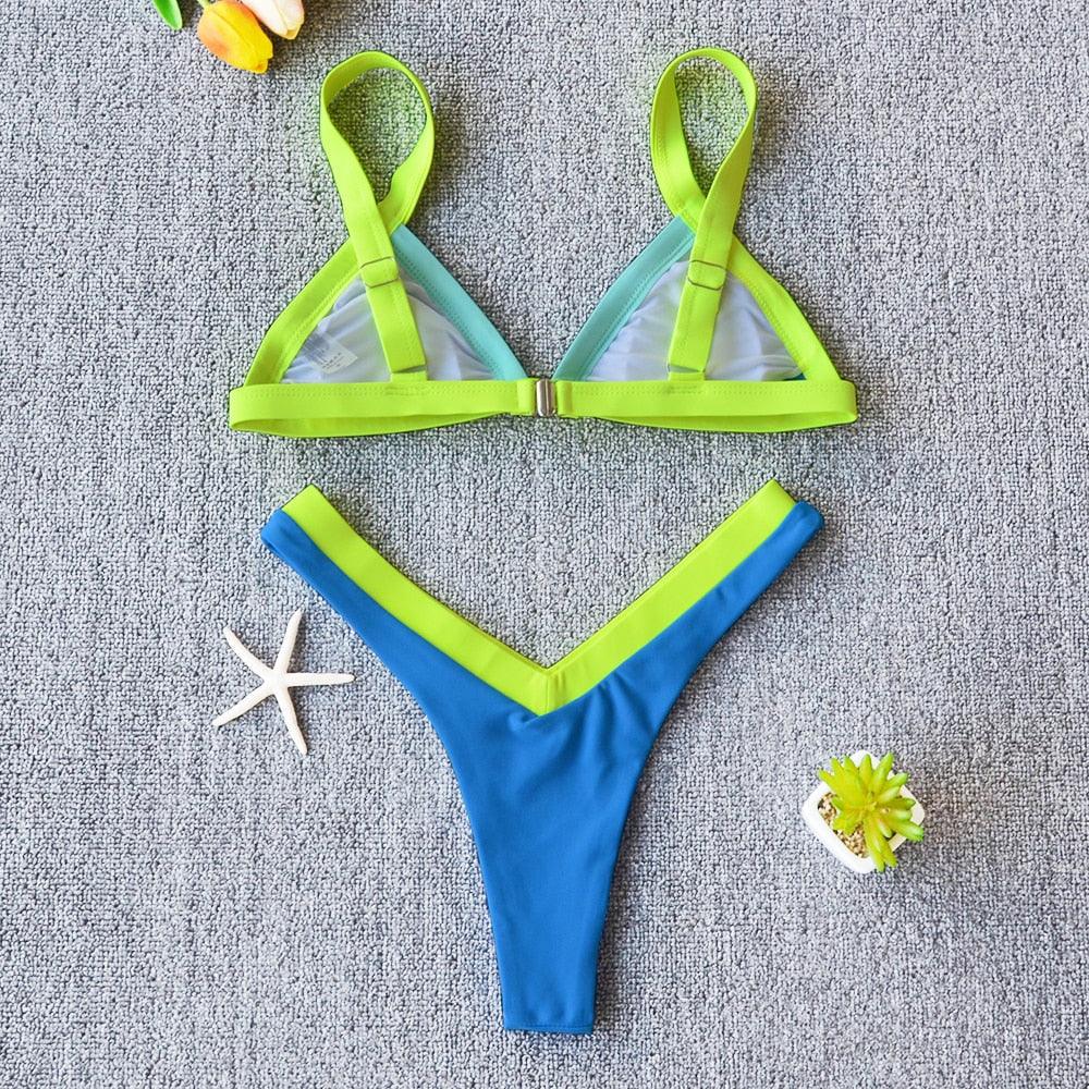 Bikini Solid Swimsuit Women Swimwear Push Up Bikini Set Patchwork Summer Beach Bathing Suit Swim Wear Halter Bikini Swimsuit Beach Swimming Traveling High Leg Bikini