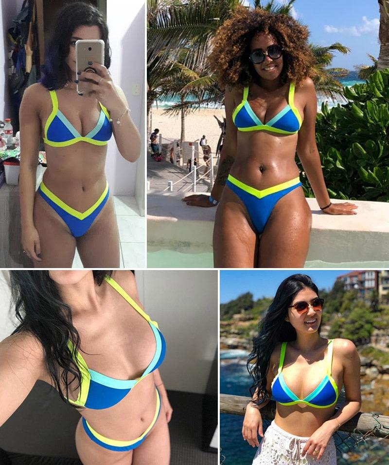 Bikini Solid Swimsuit Women Swimwear Push Up Bikini Set Patchwork Summer Beach Bathing Suit Swim Wear Halter Bikini Swimsuit Beach Swimming Traveling High Leg Bikini