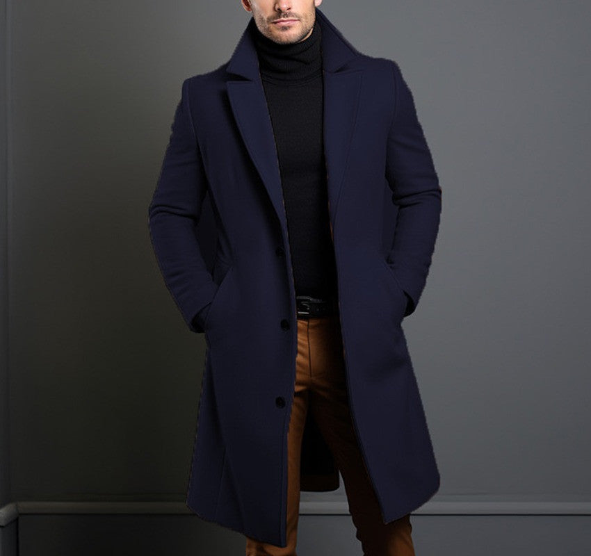 Men's Mid-length Trench Coat Fall Winter Slim Pockets Single-breasted Collar Jacket Casual Business Comfortable Overcoat Clothing