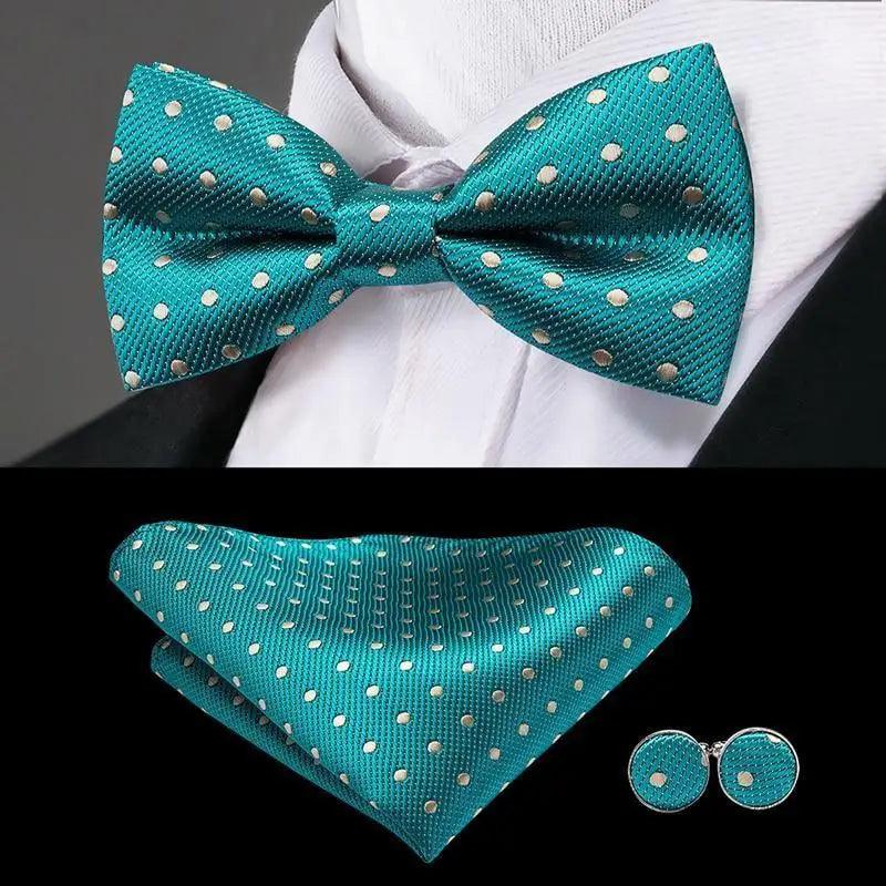 Classic Green Bow Ties Men Silk Butterfly Tie With Pocket Square And Cufflinks Set For Men Elegant Design Wedding Party Bowties Solid Color Gentleman Bow Tie And Pocket Square Cufflink Set