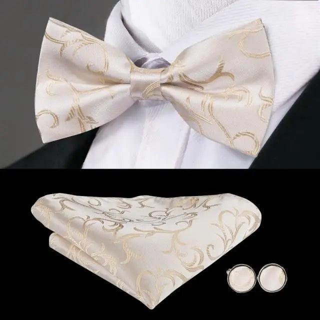 Classic Green Bow Ties Men Silk Butterfly Tie With Pocket Square And Cufflinks Set For Men Elegant Design Wedding Party Bowties Solid Color Gentleman Bow Tie And Pocket Square Cufflink Set