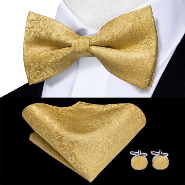 Classic Green Bow Ties Men Silk Butterfly Tie With Pocket Square And Cufflinks Set For Men Elegant Design Wedding Party Bowties Solid Color Gentleman Bow Tie And Pocket Square Cufflink Set